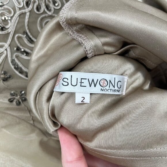 Sue Wong Nocturne Womens Beaded Knee Length Dress Gown Size 2 Tan Beige Sheer - Picture 7 of 10